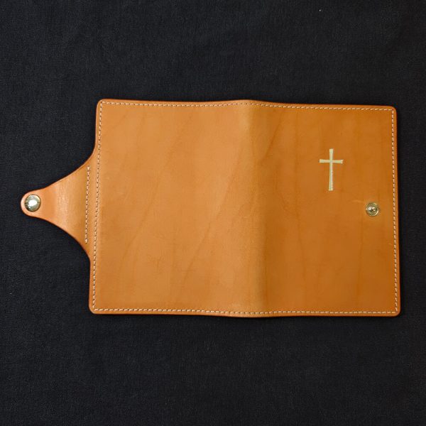 leather bible cover single closure black background backside